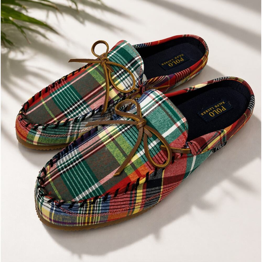 Polo by Ralph Lauren Multicolor Plaid Driving Moccasins with Brown Laces